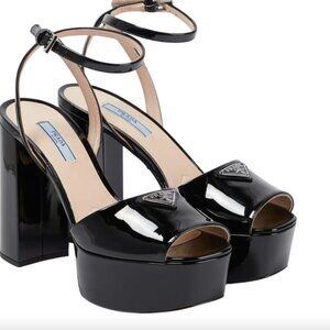 PRADA Patent Leather Triangle Logo Platform Sandals Ankle Strap Heels Pumps